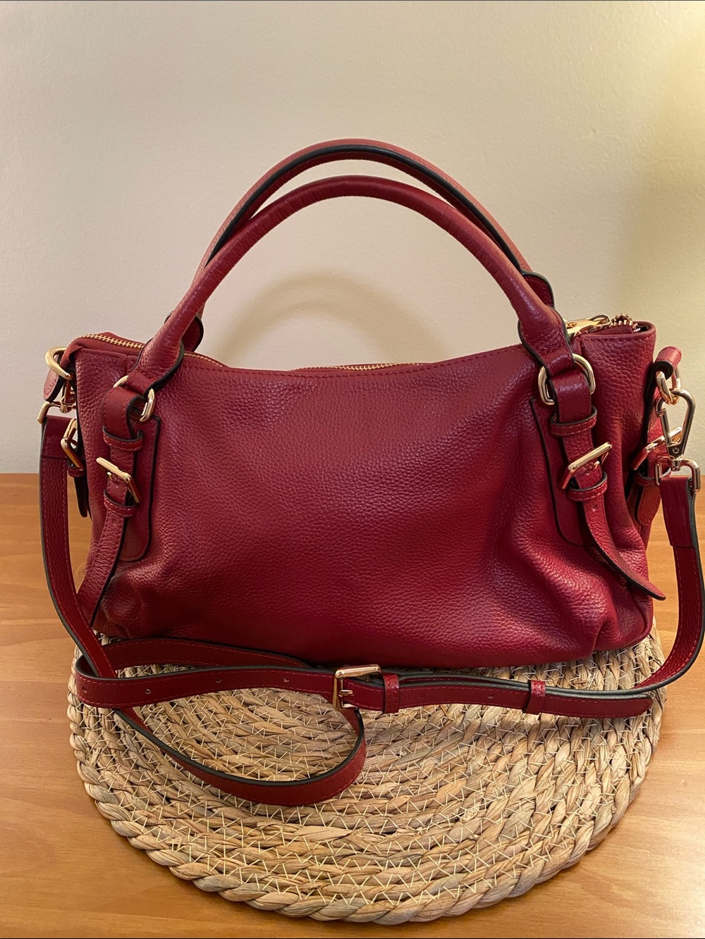 Kattee Red Pebbled Leather Tote Shoulder Handbag Satchel Gold Buckles Accents